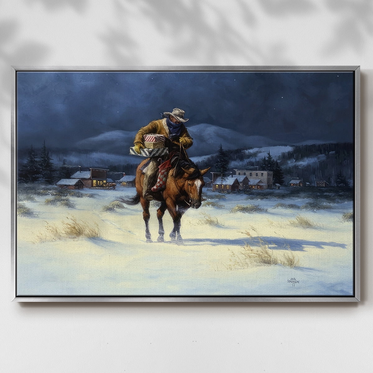 Bringing Christmas Home - Framed Gallery Wrapped Holiday Canvas - 27 x 41 - Silver Frame