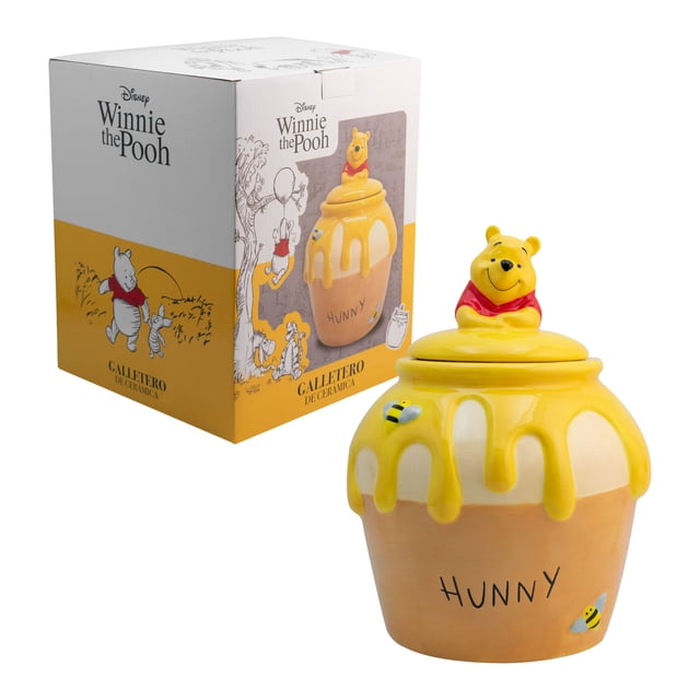 Galletero de Cerámica Decorativo, Tarro Miel en 3D Winnie Pooh con Tapa Hermética y Caja de Reaglo