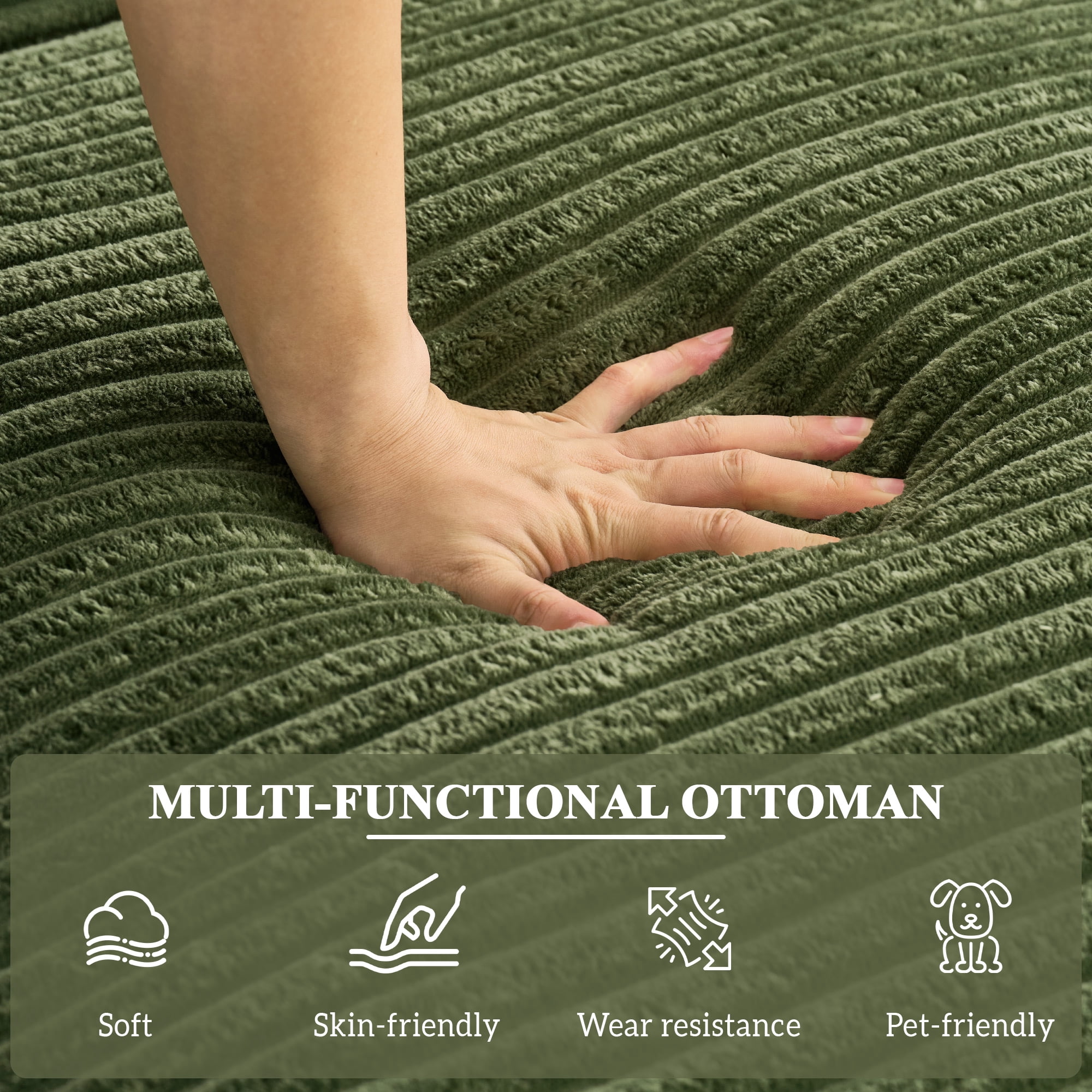 Aukfa 63.5" Oversized Chaise Lounge Sofa with Movable 2-Layer Ottoman, Deep Seat Boneless Couch, Corduroy Lounge Chair, Green