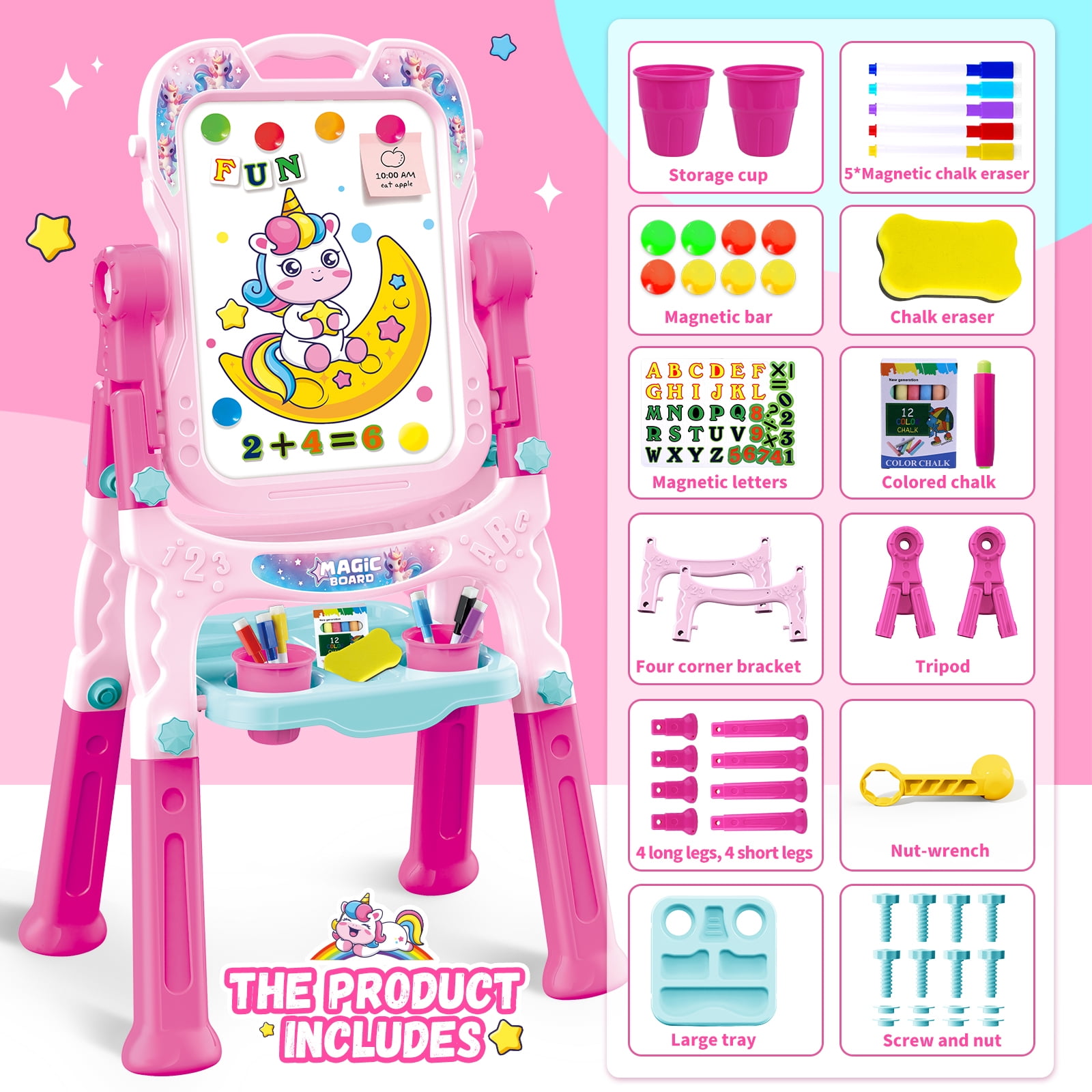 Art Easel for Kids - Adjustable Double-Sided Rotatable Magnetic White Board with Painting Accessories, Preschool Learning Toy for Girls 3-5 Years Old,Ideal Christmas Birthday Gift （Pink）