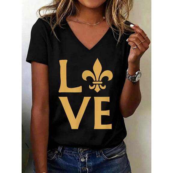 New Orleans Love Fleur-de-lis Graphic V Neck T-Shirt Cotton Women's V Neck Graphic Tee, Casual Short Sleeve Shirt,Vacation Outfit