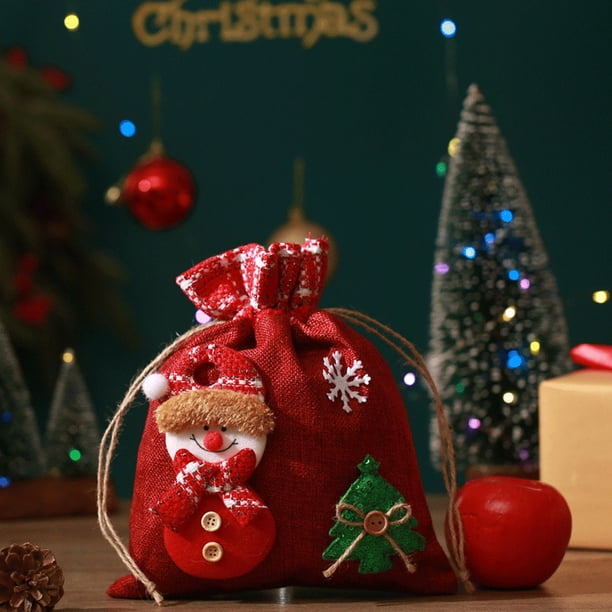 Bolsas de regalo navideñas para dulces y manzanas | Tela de lino con dibujos navideños | Pequeñas bolsas de almacenamiento para niños y regalos de fiesta