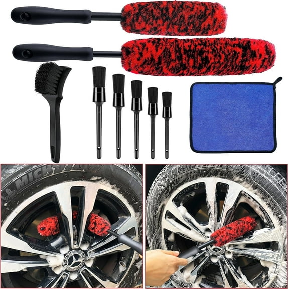 9pcs Wheel Tire Brush Set, Wheel Brushes for Cleaning Wheels Tire Rim, Soft Wheel Cleaner Brush, Bendable & Durable Car Wheel Rim Detailing Brush for Cleaning Spokes, Fenders, Engines（Red）