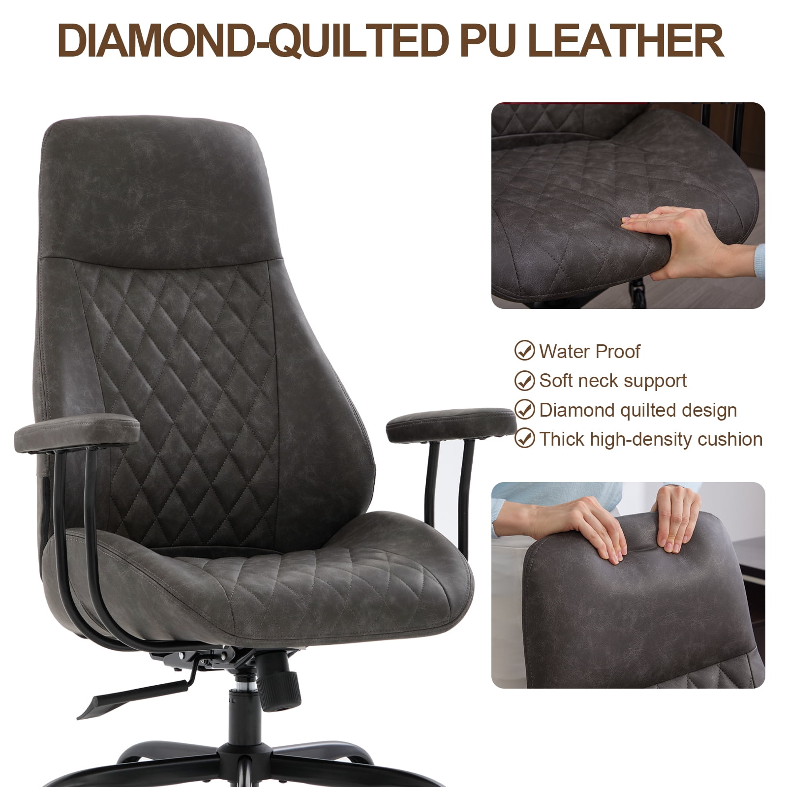 E-Motie Home Office Desk Chair, Ergonomic High Back Leather Computer Chair with Lumbar Support, Adjustable Height & Recline, Swivel Executive Office Chair with Armrests and Rubber Casters, Dark Gray