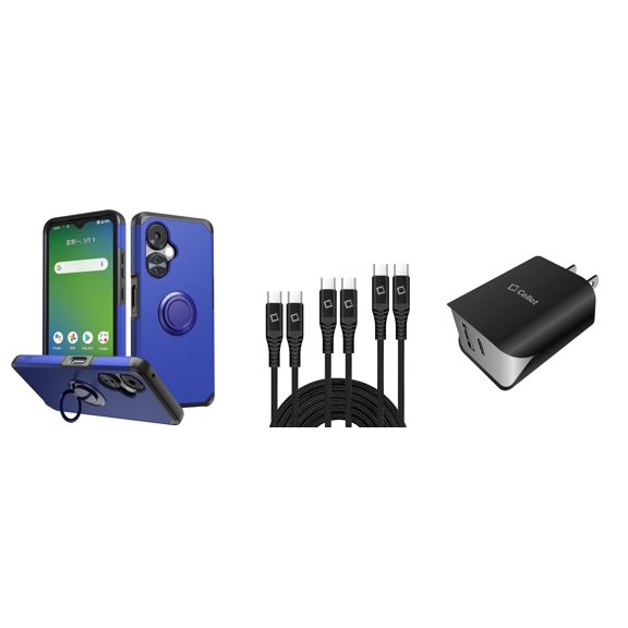 Accessories Bundle for OnePlus Nord N30 5G - Protective Stand Holder Phone Case (Dark Blue) with UL Certified Dual Power Charging Brick Wall Charger Block, 3-Pack of USB Cables (3ft, 6ft, 10ft)