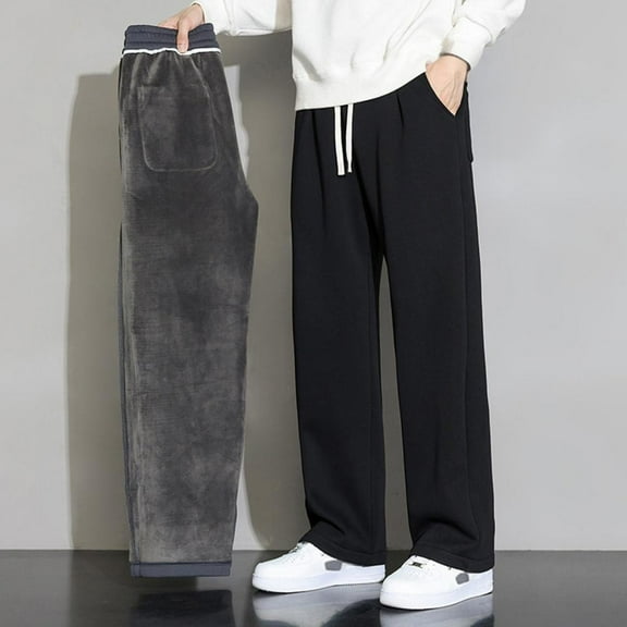 FDGIU Trousers Plus Velvet Man Solid Color Fleecing Pockets Drawstring Straight Barrel Loose Sweatpants Heavyweight Fleece Cargo Pants