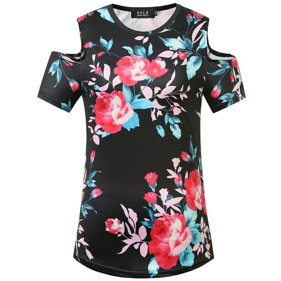 SSLR Women's T-Shirts Printed Short Sleeve Cold Shoulder Tops