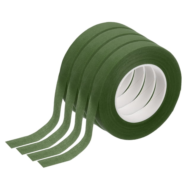 4 pcs cinta floral verde oliva 1/2 x 29.5 yardas cinta adhesiva para envolver tallos de ramos de flores artificiales y manualidades, primer plano de cuatro rollos con tiras sueltas que muestran textura de papel mate y color verde oliva; ancho 12 mm, largo 27 m, adecuada para ramos, corsages y boutonnieres.
