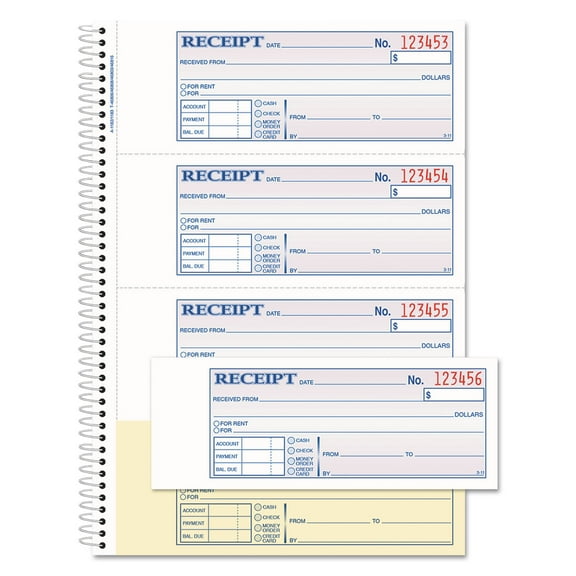 Cardinal Tops Money/Rent Receipt Book, 7 1/8" x 2 3/4", 2-Part Carbonless, 200 Sets per Book