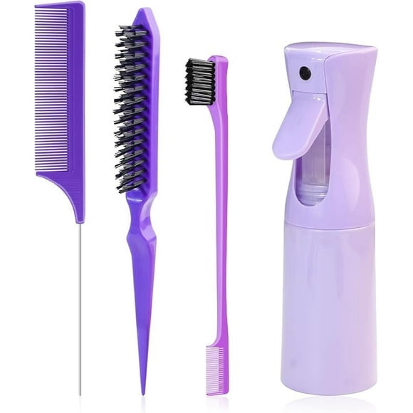 DUAIU Slick Back Hair Brush for Women, 4 Pcs Hair Brush Set with Mist Spray Bottle 6.8 OZ/200 ML, Rat Tail Comb, Edge Brush, Teasing Comb Hair Styling Tools Comb Set