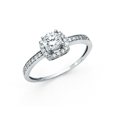 14K Solid White Gold 1.25 cttw Round Cubic Zirconia with Side Stones Wedding Engagement Ring , Size