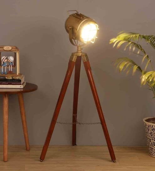Antique Brass Nautical Searchlight Floor Lamp with Wooden Tripod Stand – Adjustable Height Metal Spotlight for Living Room, Bedroom, Office & Home Décor