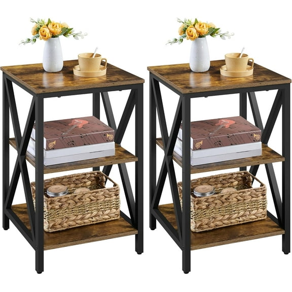 Industrial End Tables Set of 2, 3-Tier Side Tables with Storage Shelves for Living Room, X Design, Strong Metal Frame, Easy Assembly, 16x16x24.5 in, Rustic Brown