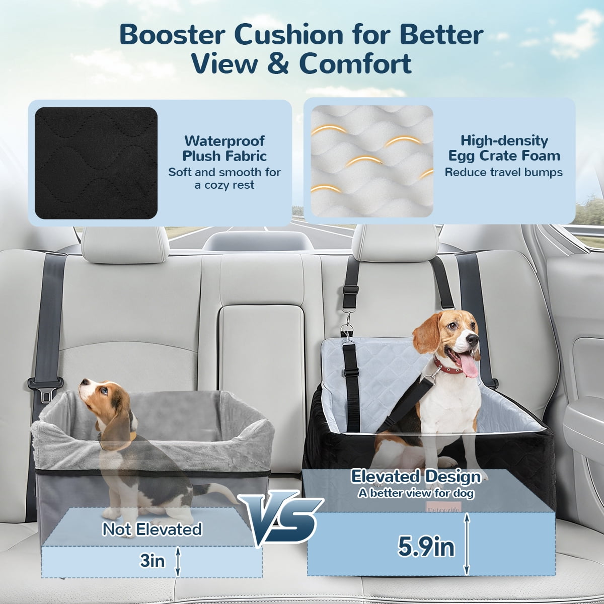 Dog Booster Car Seat for Small/Medium Dogs Up to 35lbs, DOMIPET Pet Car Travel Bed with Storage Pockets & Safety Belt, Elevated Cushion Fully Detachable and Washable