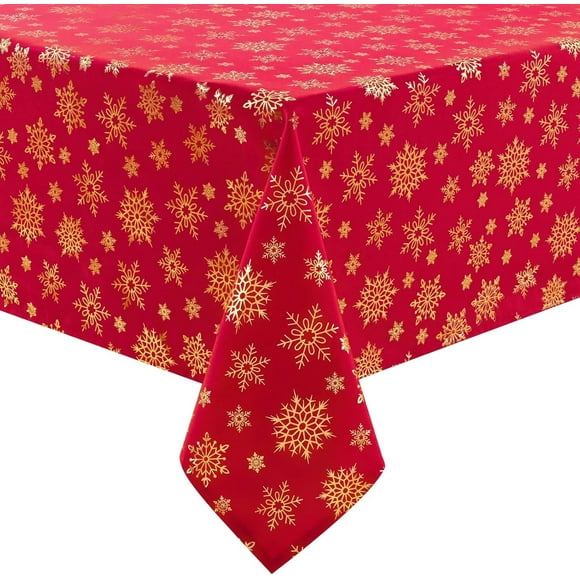 Christmas Table Cloth 60 x 120 Inch, Waterproof Red Gold Snowflake Tablecloth Rectangular, Washable Xmas Table Cover Spillproof Winter Table Cloths Cover for Holiday Christmas Decorations