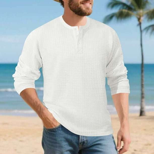 pstuiky camisas de manga larga para hombre, Camisa de entrenamiento de manga larga con cuello redondo y medio botón informal de colores sólidos para hombre salir tops m