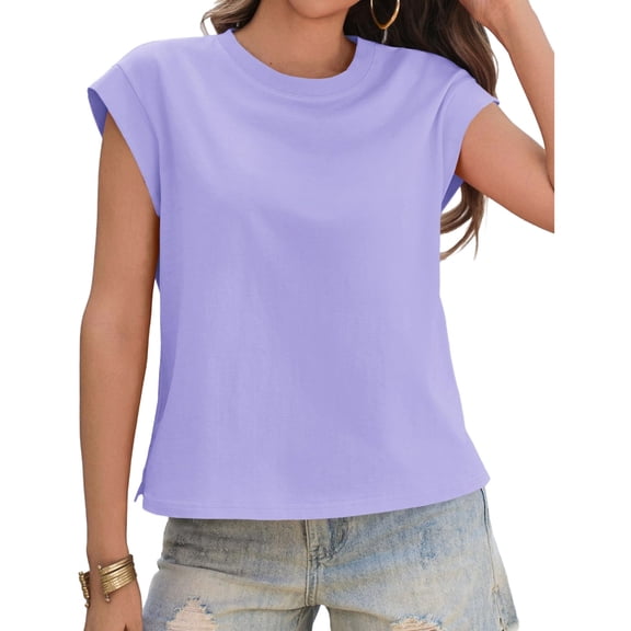 Summer Solid Color Women Cap Sleeve Crew Neck Casual Shirt Tops