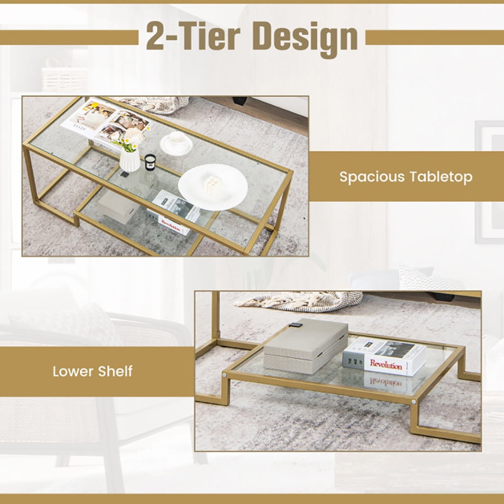 Finihen Coffee Table, Glass Coffee Table, Modern 2-Tier Rectangular Coffee Table with Glass Table Top, for Living Room, Reception Room, Golden Finihen Coffee Table, Glass Coffee Table, Modern 2-Tier Rectangular Coffee Table with Glass Table Top, for Living Room, Reception Room, Golden