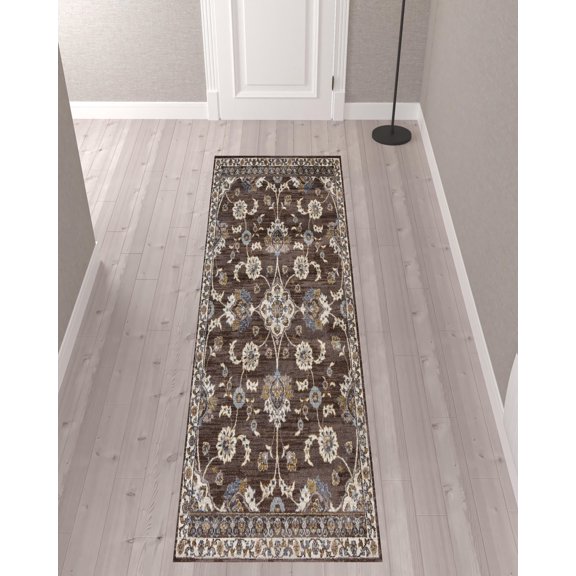 HomeRoots 10' Navy Blue Floral Power Loom Runner Rug With Fringe