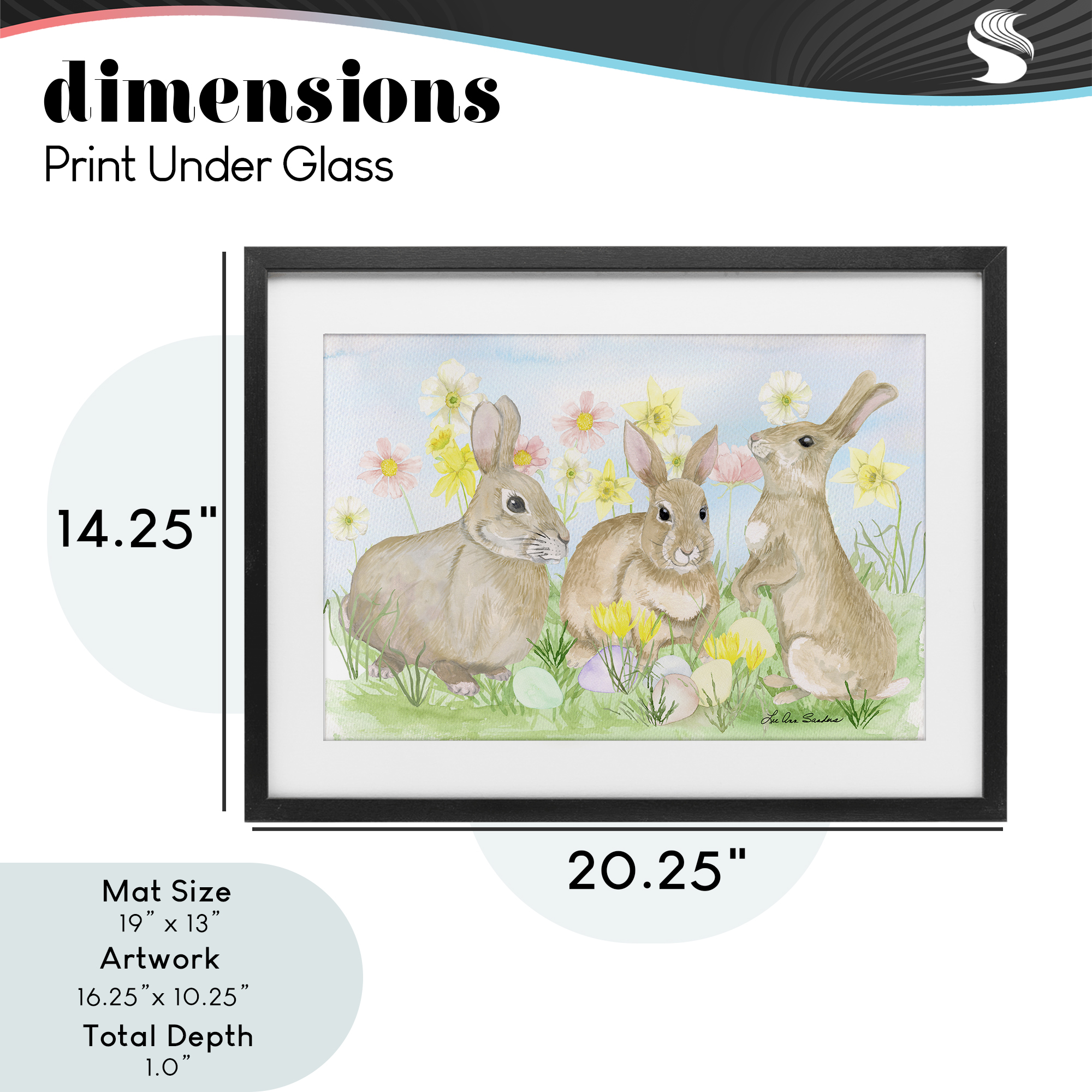 Three Bunnies In The Grass Black Framed Print Under Glass, design by Lee Ann Sanders
