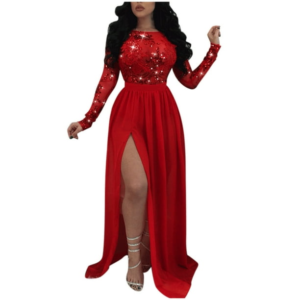 Gibobby Vestidos de fiesta largos elegantes Mujeres Sexy Color sólido Sin mangas Halter Back Open Back Lentejuelas Encaje Lentejuelas Split Vestido(Rojo,XL)