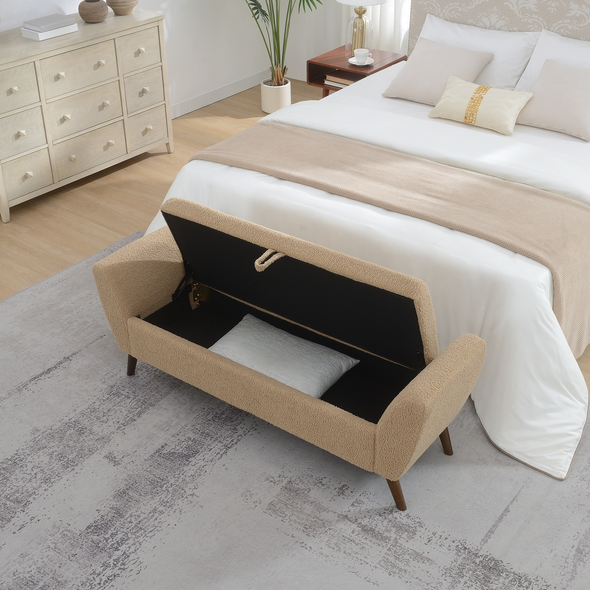 HOQBN 60" Modern Storage Bench with Mid-Centruy Wood Legs,Bench with Storage for Living Room, Bedroom Coffee