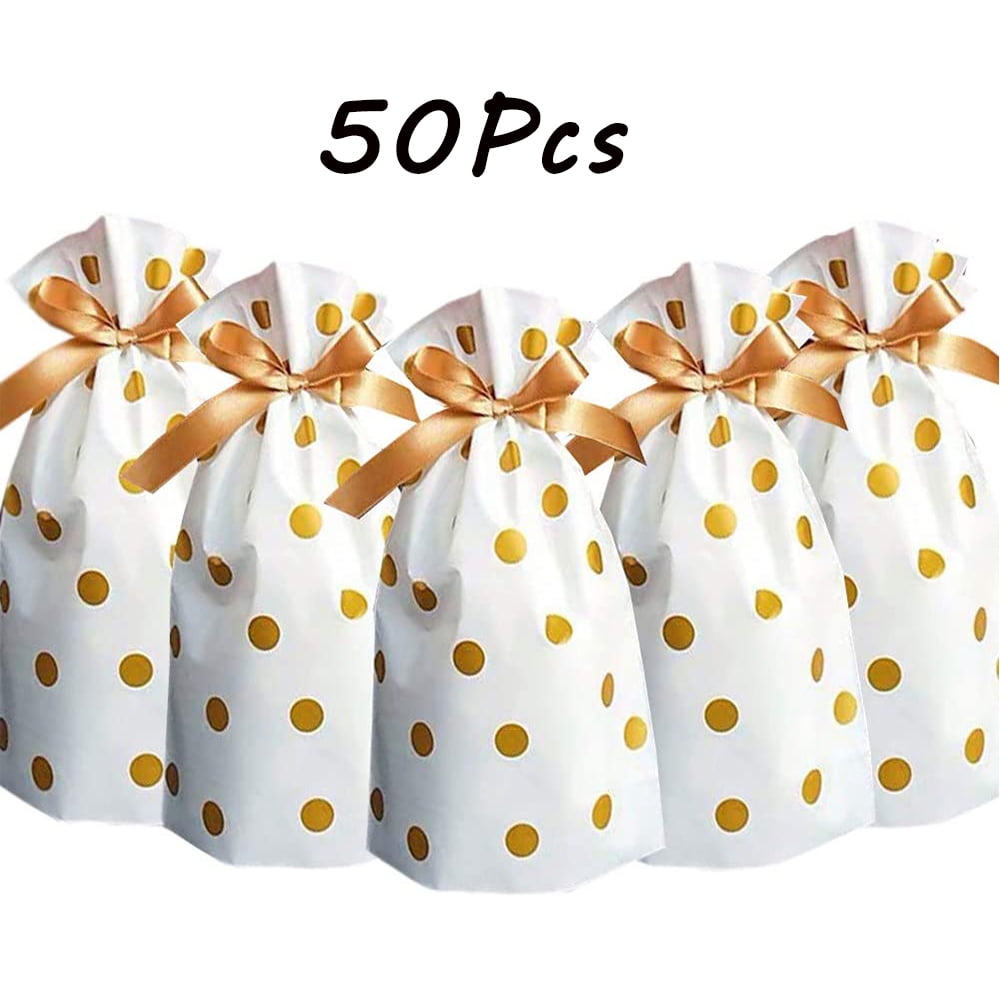 AMERTEER 50pcs Treat Bags Party Favor Bags Gold Plastic Drawstring Gift