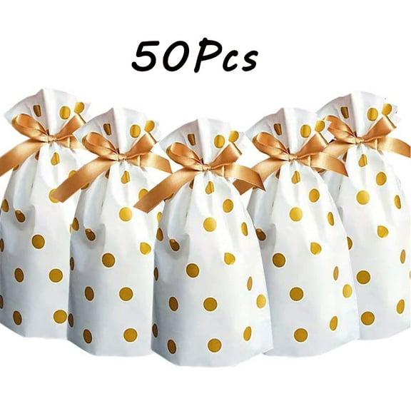 LNKOO 50pcs Treat Bags Party Favor Bags Gold Plastic Drawstring Gift Bags Candy Goodies Bags Food Storage Bags Gift Wrapping Package(Gold Polka Dot Print)