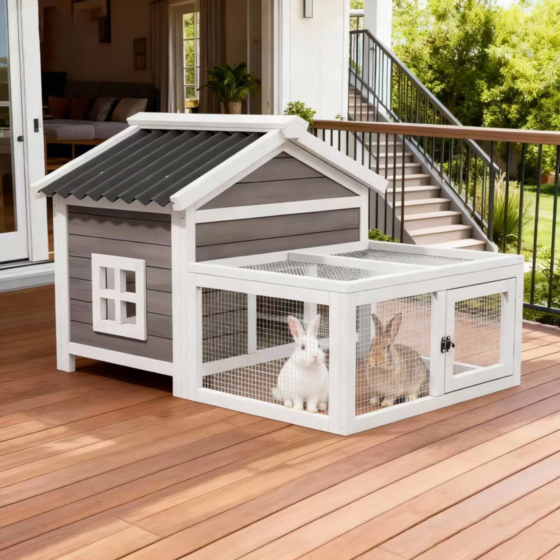 Indoor Wooden Rabbit Hutch with Wire Mesh Run,Outdoor Predator Proof Critter Cage,2 in1 Weatherproof Guinea Pig Hideout, Grey