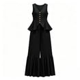 thumbnail image 4 of Womens Casual Two Piece Outfit V Neck Sleeveless Button Peplum Top High Waist Ruffle Hem Wide Leg Pants Solid Color Elegant Set Black M(M), 4 of 7