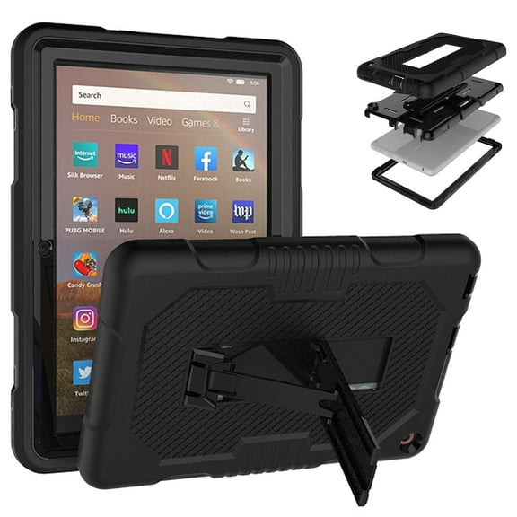 SaniMore for Amazon Fire HD 8 & 8 Plus (10th Generation, 2020) Back Case Hidden Kickstand Heavy Duty Protective Tri-layer Hybird Shockproof Rubber Case for Amazon Fire HD 8 & 8 Plus, Black