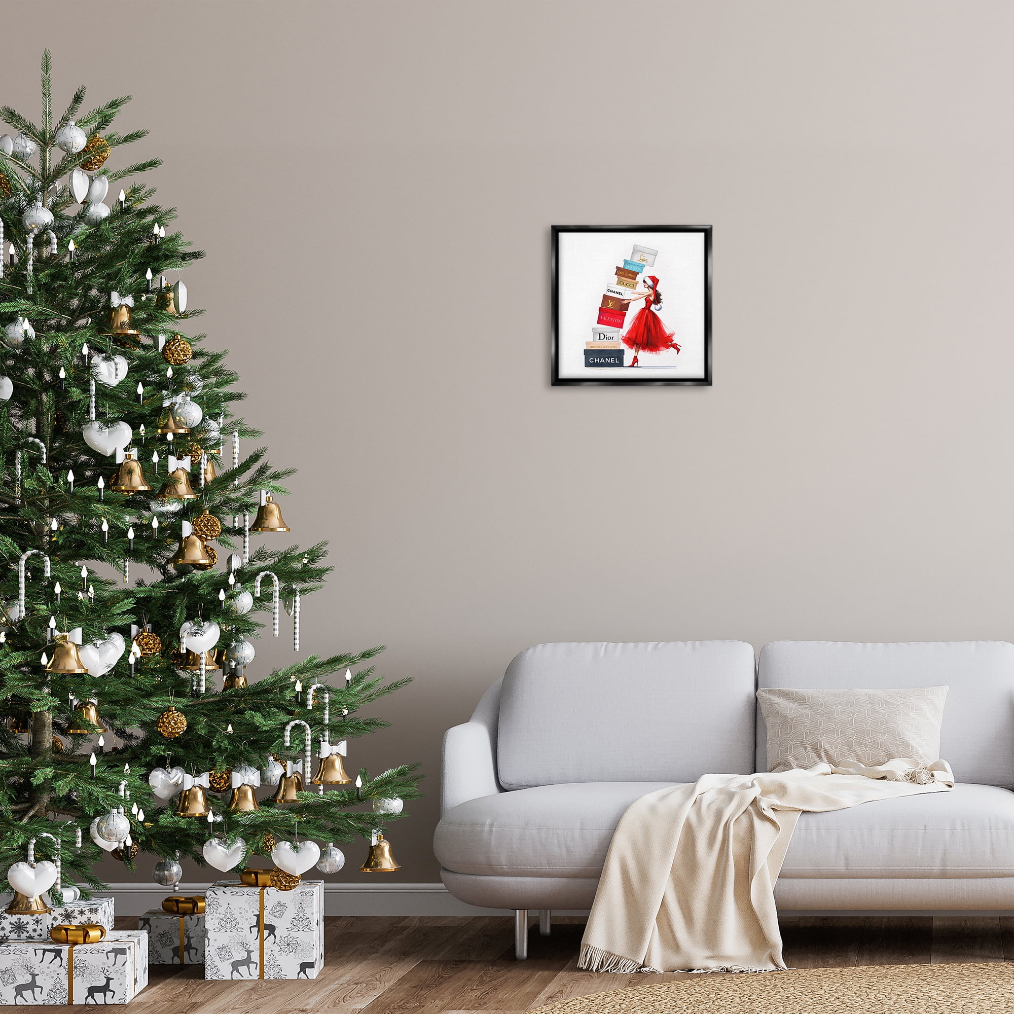 Stupell Industries Christmas Shopping Boxes Holiday Painting Black Floater Framed Canvas Art Prints Wall Art, 18 x 18