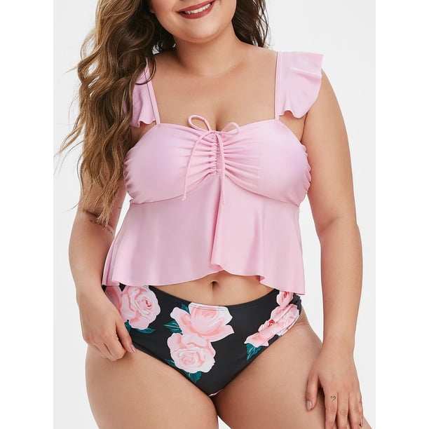 Tamaño más delantero cinchado la impresión floral del traje de baño de Tankini Rosegal vestidos de fiesta tallas grandes