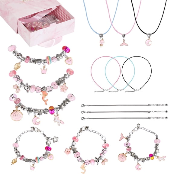 Pink Charm Bracelet Making Kit TeqHome Jewelry Making Kit Trendy Stuff DIY Crafts with Gift Box for Teen Girls Gifts Birthday 5 6 7 8 9 10 11 12 Years Old