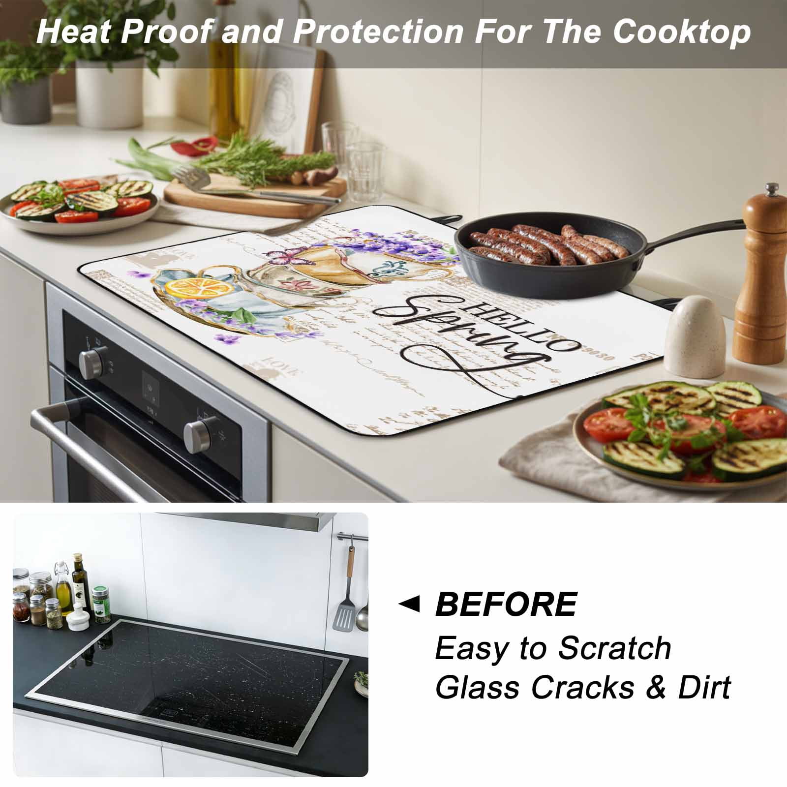 Hello Spring Stove Top Cover for Electric Stove, Heat-proof & Non Slip Glass Top Stove Cover Protector, Purple Floral Botanical Coffee Cups Kitchen Flat Cooktop Rubber Mat 24x21 Inches