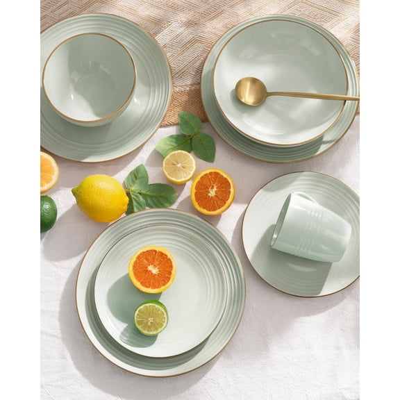 Stoneware Plates and Bowls Set Speckled Light Green Trim Design - Hot Deal Dining Set - Practical Tableware for Everyday Use - Great for Families & Modern Homes