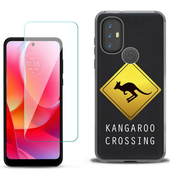 Slim-Fit Gel TPU Phone Case for Motorola Moto G Power 2022, with Tempered Glass Screen Protector, by OneToughShield ® - Road Sign Kangaroo