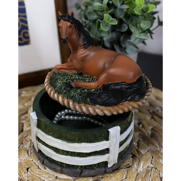 Ebros Brown Stallion Horse At Rest Round Jewelry Trinket Decorative Box 5.25"H