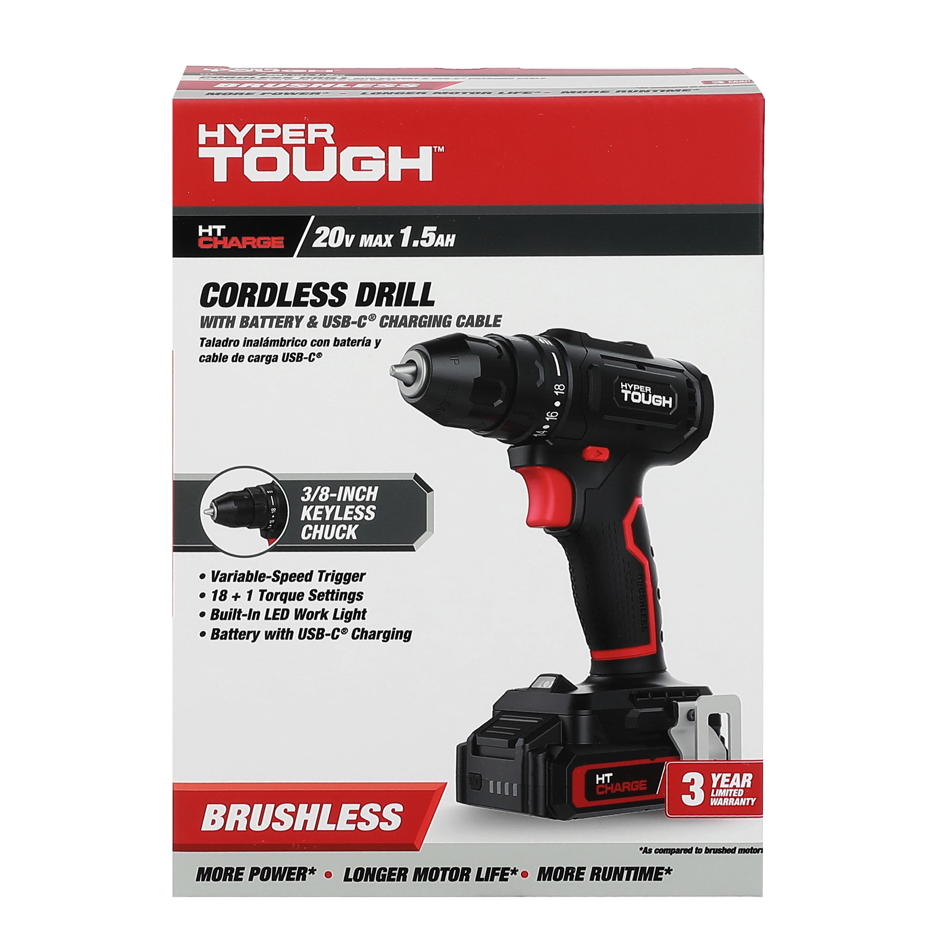 Hyper Tough 20V Brushless Cordless Drill with 1.5Ah Battery and USB-C Charging Cable