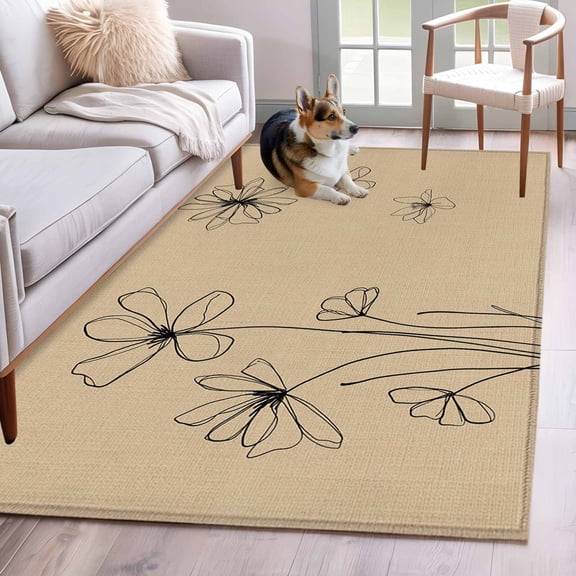 Area Rugs for Living Room Bedroom, Black Khaki 4'x6' Rug Washable Carpet Runner Indoor Outdoor, Spring Flora Non Slip Accent Floor Mats Rug for Kitchen, Office