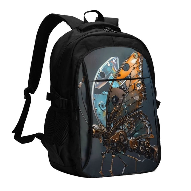 Bingfone Steampunk Mechanical Butterfly for USB Backpack, Multi-compartment Multi-pocket Computer Backpack, Suitable for Travel, Business, Leisure, Unisex