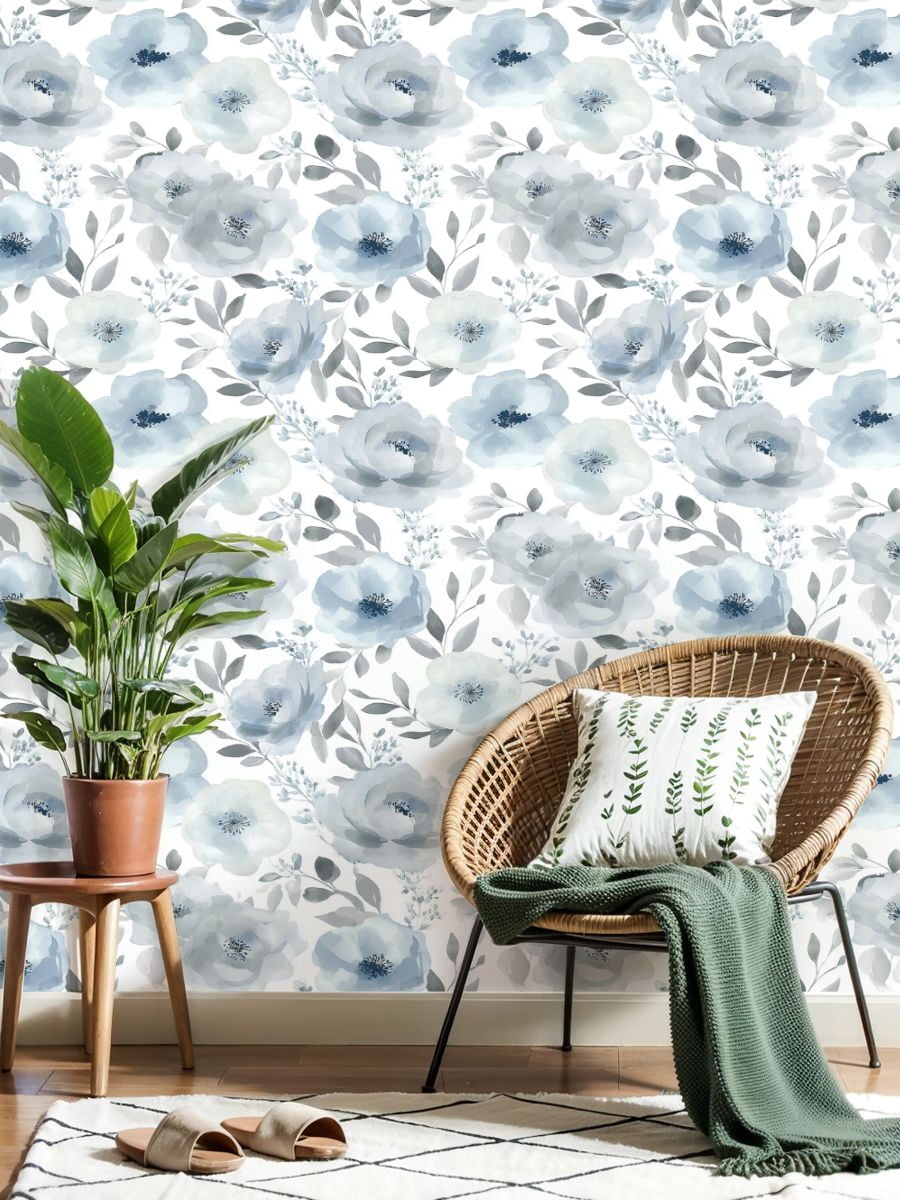 Boho Peel and Stick Wallpaper Watercolor Floral Shades Blue Grey Leaves Contact Paper 17.7in x 9.8ft Wallpaper Removable Self Adhesive Wall Paper for Bedroom Nursery