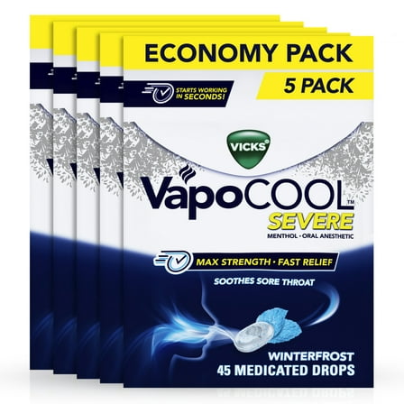 Vicks VapoCOOL SEVERE Max Strength* Menthol Cough Drop Alternative/Sore Throat Lozenge for Sore Throat Relief, Winterfrost, 5x45ct (225 total)