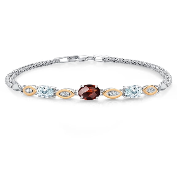 925 Silver and 10K Yellow Gold Red Garnet and Sky Blue Aquamarine and White Lab Grown Diamond Bracelet for Women (2.06 Cttw, Gemstone January Birthstone, Oval Checkerboard, Wheat Chain, 6.5 inches)