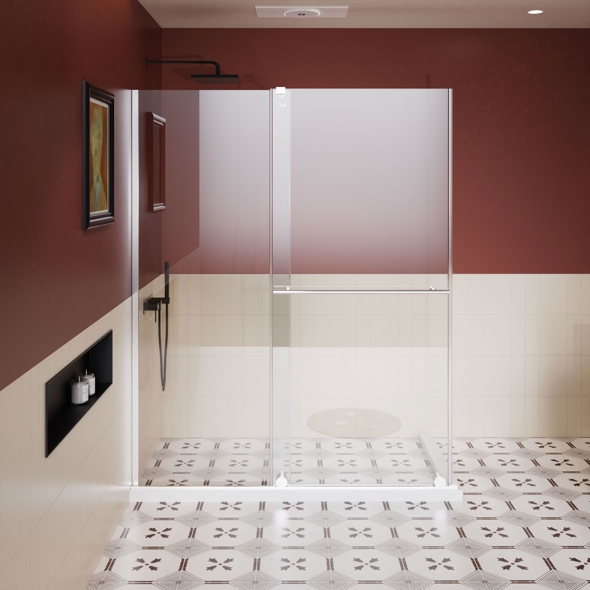 MAYEERTY Dual-Use Shower Sliding Door, Chrome Frame, 1/4" Tempered Glass with Stainless Steel Handle & Supporting Bar, Waterproof & Adjustable Width