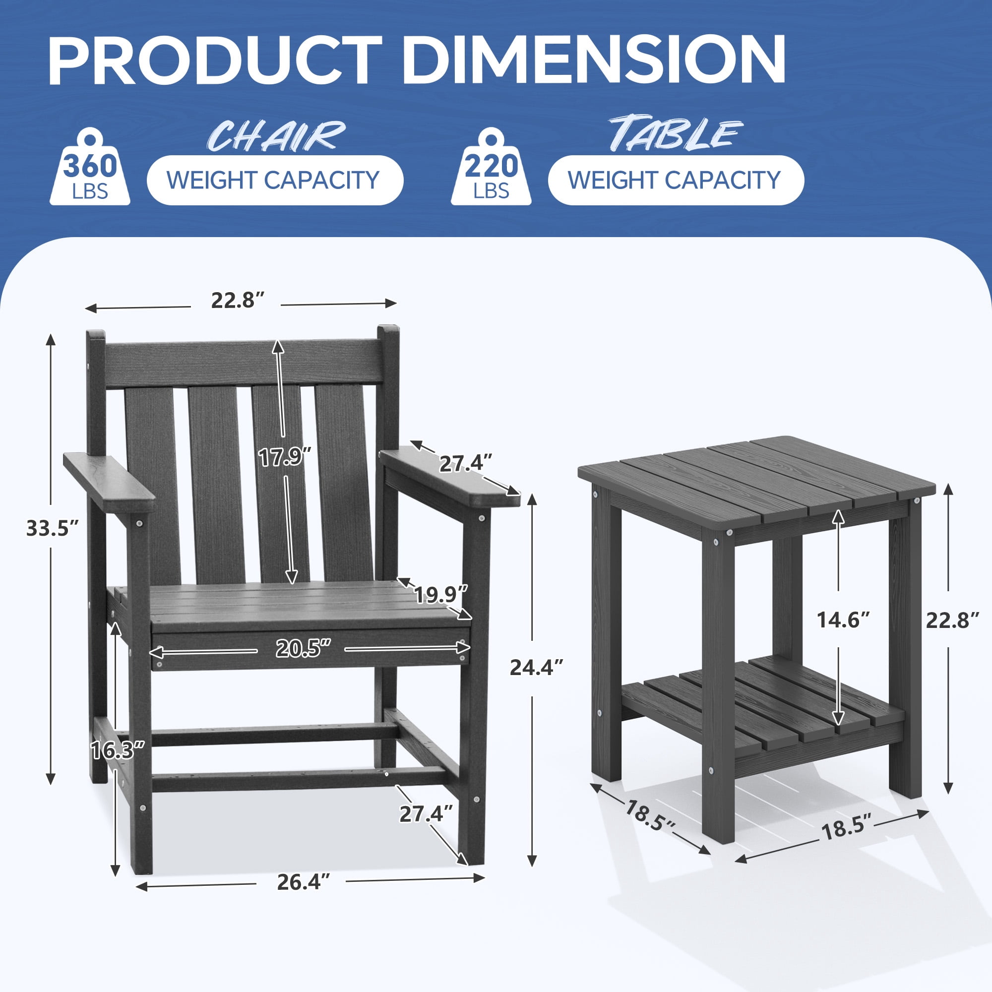 SERWALL 3 Piece Patio Furniture Set,HDPE Outdoor Bistro Set with Coffee Table and Chair for the Patio,Gray