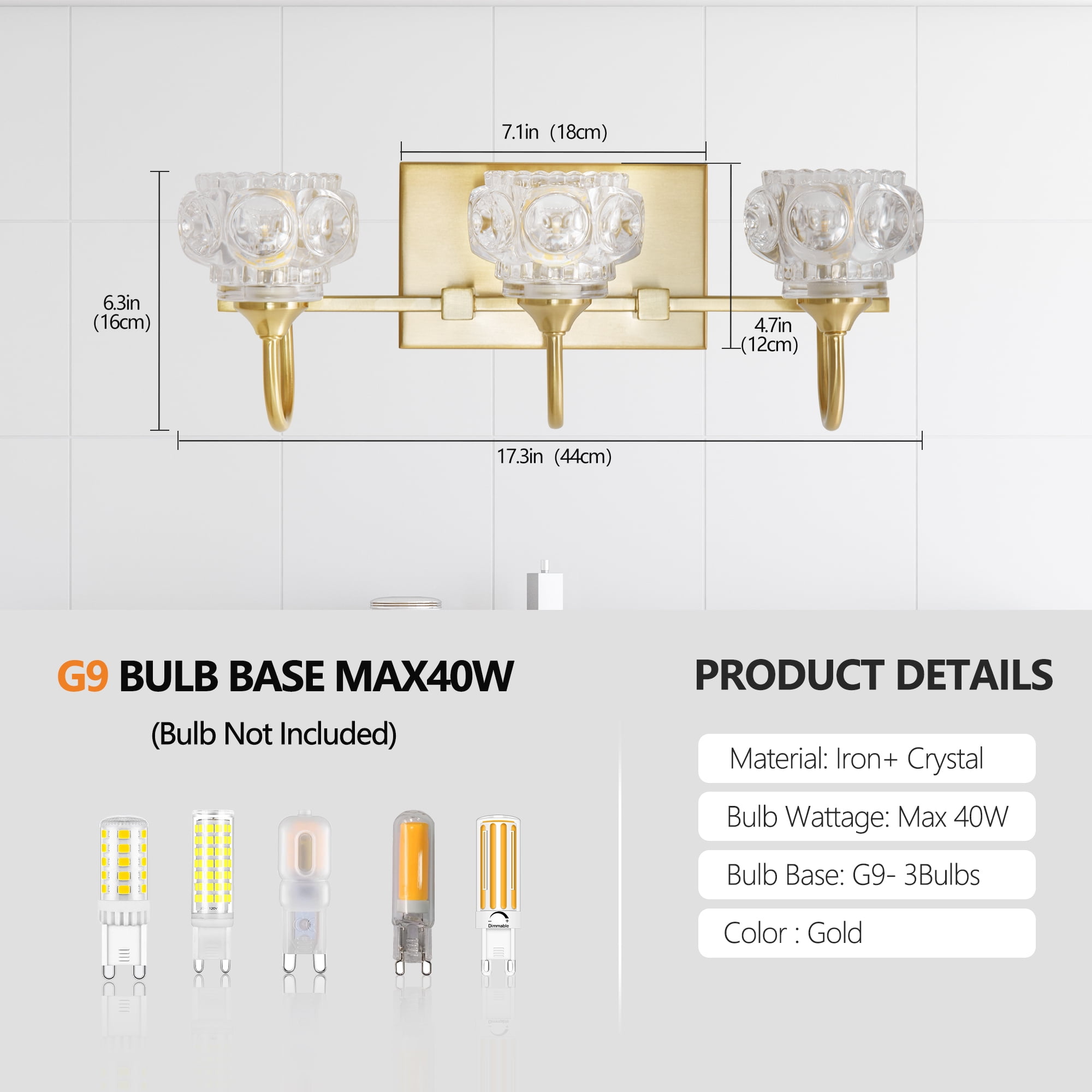 Jopath 17" Modern 3-Ligh Crystal Bathroom Vanity Light, Golden Wall Sconce with Clear Glass Shade, Elegant Wall Mount Lighting for Bathroom, Powder Room, or Vanity Mirror (No Bulbs)