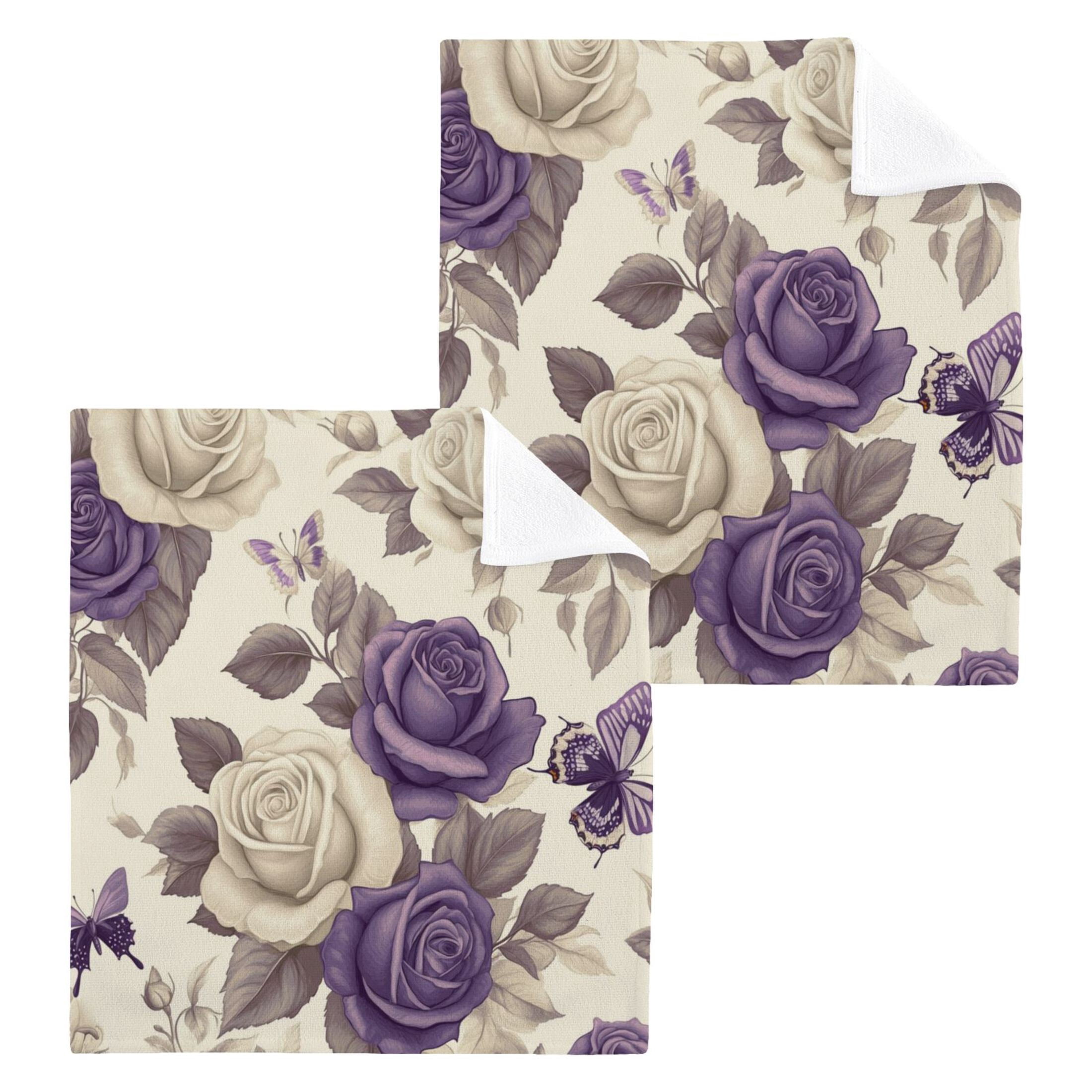 Purple White Flowers Pattern 100% Cotton Face Towel 12x12in Soft Absorbent Washcloth Durable Printed Hand Towels for Bathroom Travel 6 Pcs