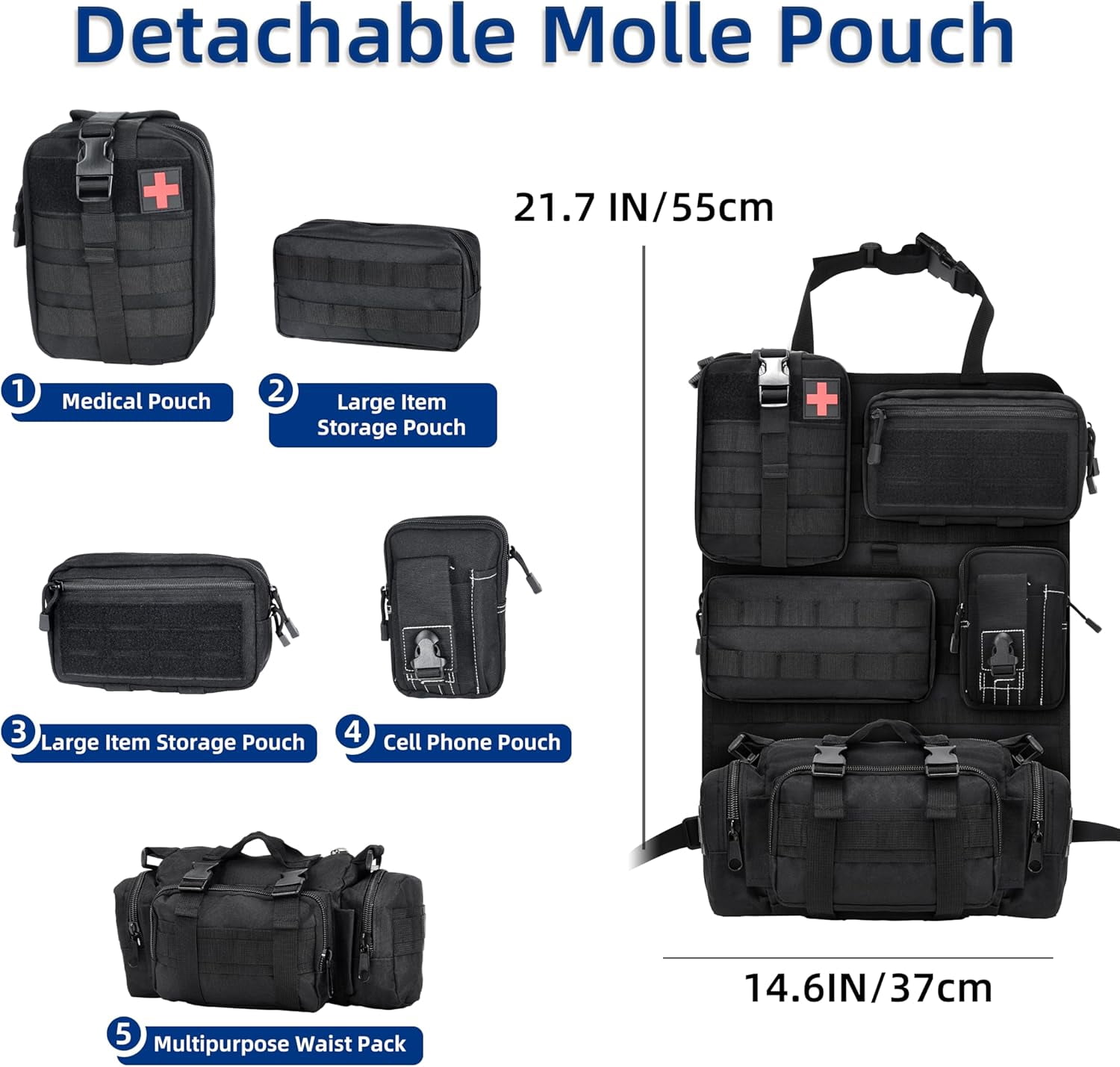 Tactical Car Seat Back Organizer,Back Seat Organizer with 5 Detachable Molle Pouches,Molle Panel Organizer Fits for Vehicel Such as Jeep,Truck,SUV, Car