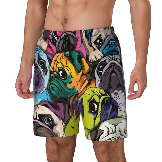 Kdxio Colorful Pug Print Mens Swim Shorts with Mesh Lining, Breathable and Quick-Drying, Adjustable Waist, Privacy Pocket-3X-Large